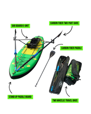 An inflatable stand-up paddle board kit shown on a white background with labeled callouts for the board, paddle, stand paddle board unit, carbon fiber two-part oars and two wheeled travel bags.