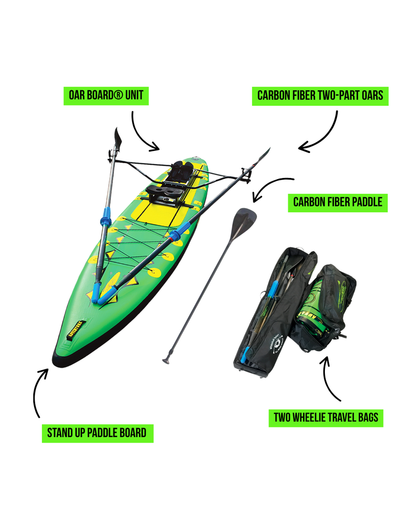 An inflatable stand-up paddle board rowing kit shown on a white background with callout labels.