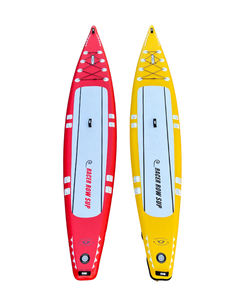 Two inflatable stand-up paddle boards shown side by side on a plain white background. The left board is red with a white center pad and red branding, and the right board is yellow with a white center pad and black branding.