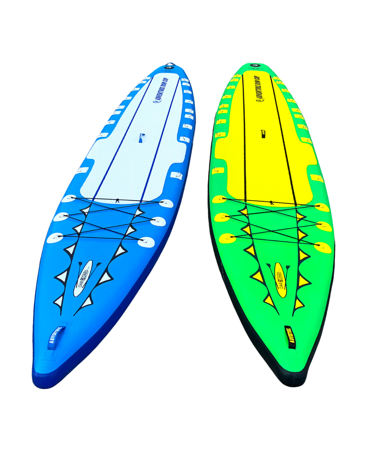 Two inflatable stand-up paddle boards, one blue and one green, shown side by side on a plain white background. 