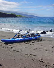 A blue and white paddle board with black oars rests on a sandy beach with the ocean, cliffs, and blue sky in the background.