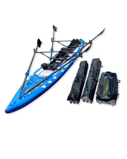 A blue and black sit-on-top paddleboard shown with two black carrying bags on a plain white background.