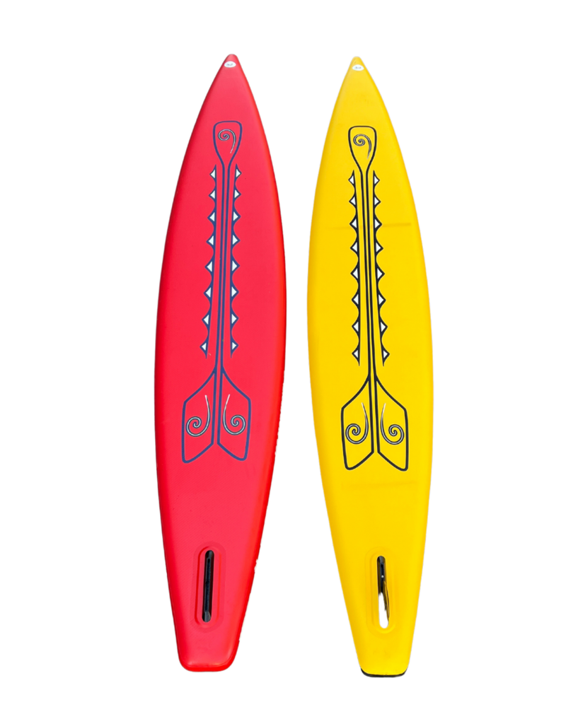 Two paddle boards shown upright on a plain white background, one red and one yellow, each with a blue decorative graphic running down the center.