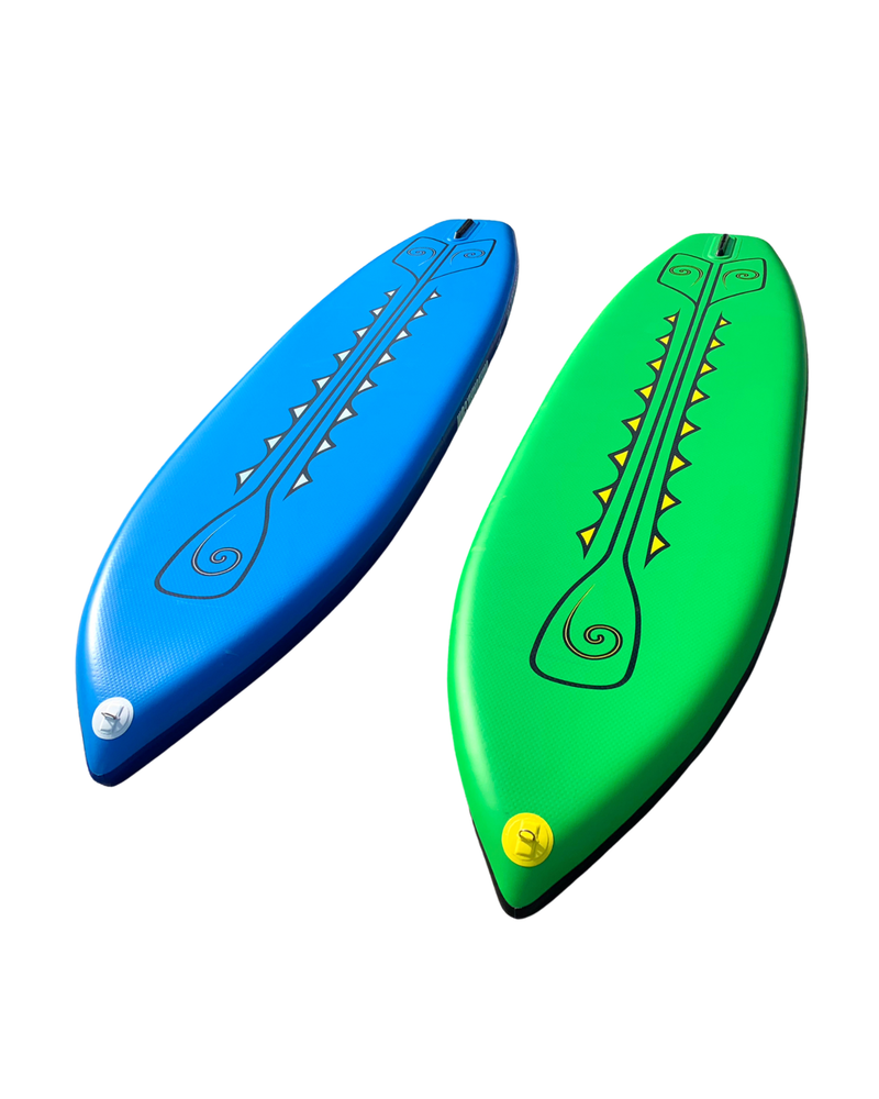 Two inflatable paddle boards shown on a plain white background, one blue and one green, each with a paddle graphic design on them.