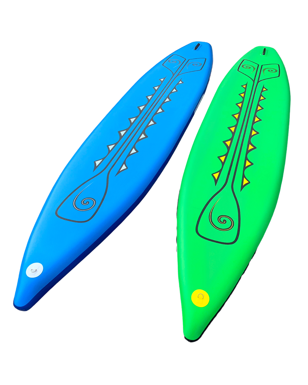 Two inflatable stand-up paddle boards shown on a plain white background, one in bright blue and one in bright green, each with a long paddle graphic printed.