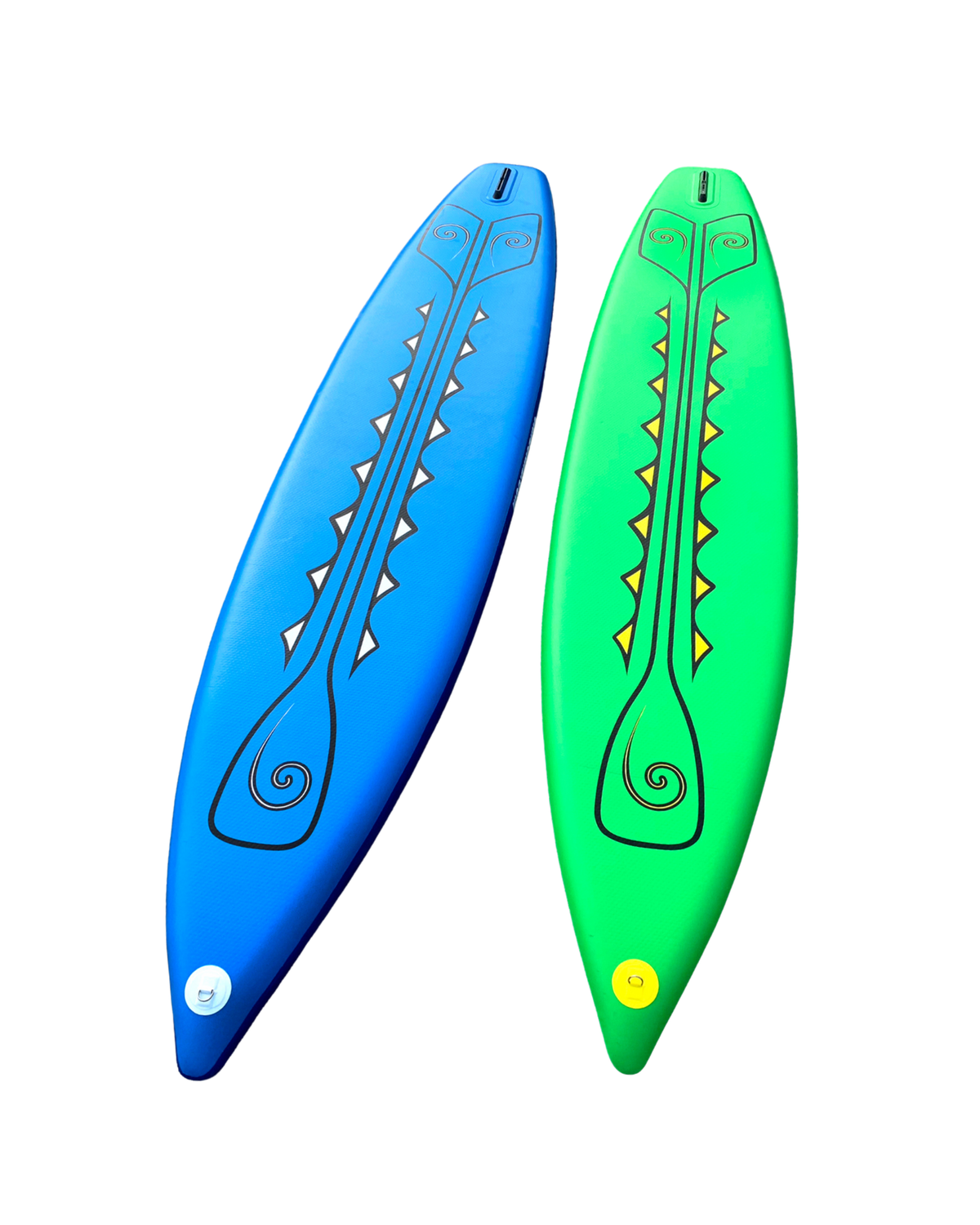 Two inflatable stand-up paddle boards shown side by side on a plain white background. The board on the left is bright blue with white and black graphics, and the board on the right is bright green with orange and black graphics.