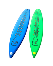 Two inflatable stand-up paddle boards shown side by side on a plain white background. The board on the left is bright blue with white and black graphics, and the board on the right is bright green with orange and black graphics.