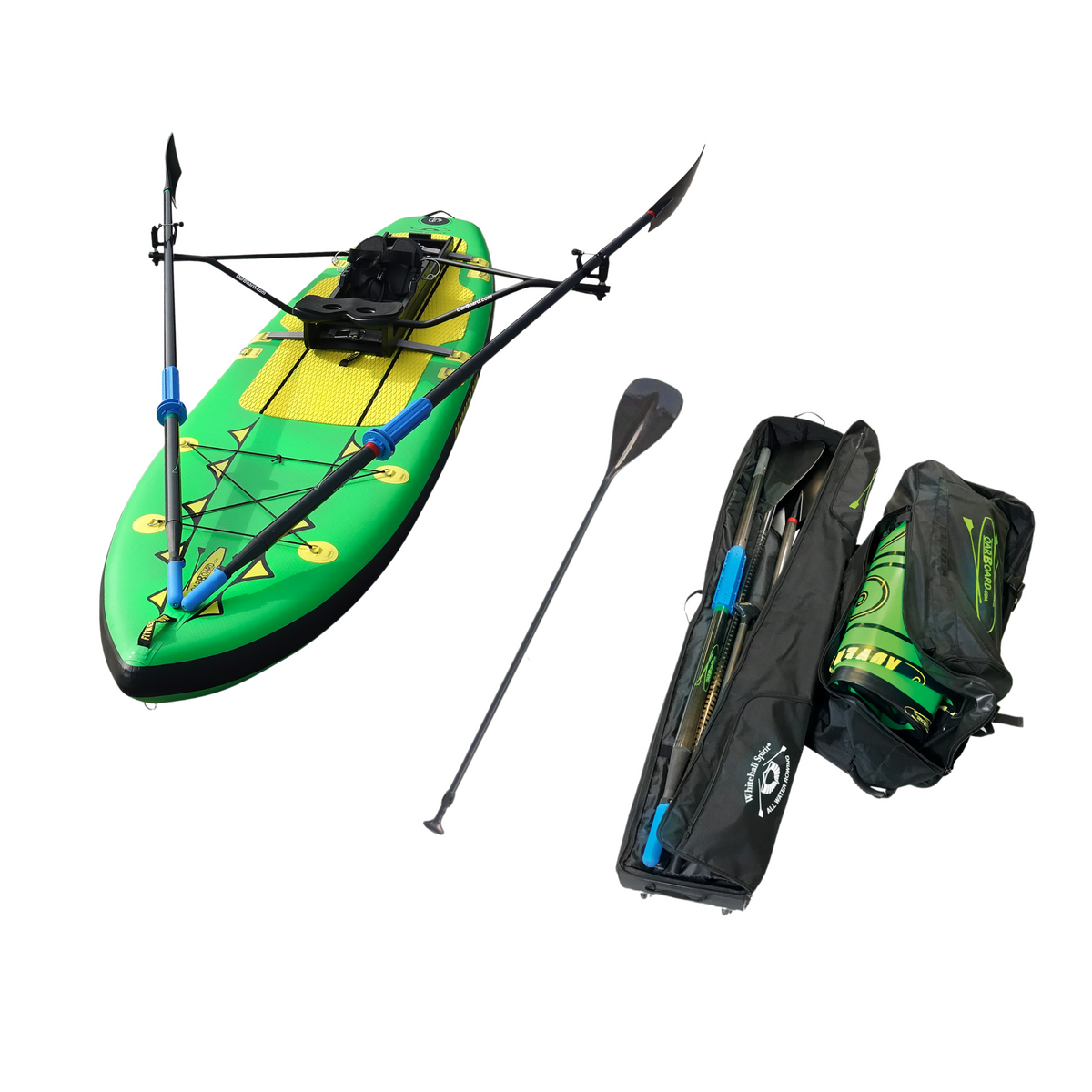 A product flat lay of a green paddle board with black rowing attachment, black paddle, two black bags photographed on a white background.