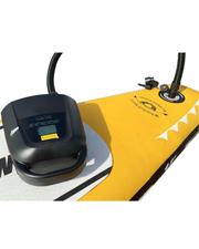 An inflatable stand paddle board in bright yellow with a black electric pump and hose on a white background.