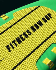 Close up photograph showing a bright yellow foam pad the "FITNESS ROW SUP' branded in black lettering.