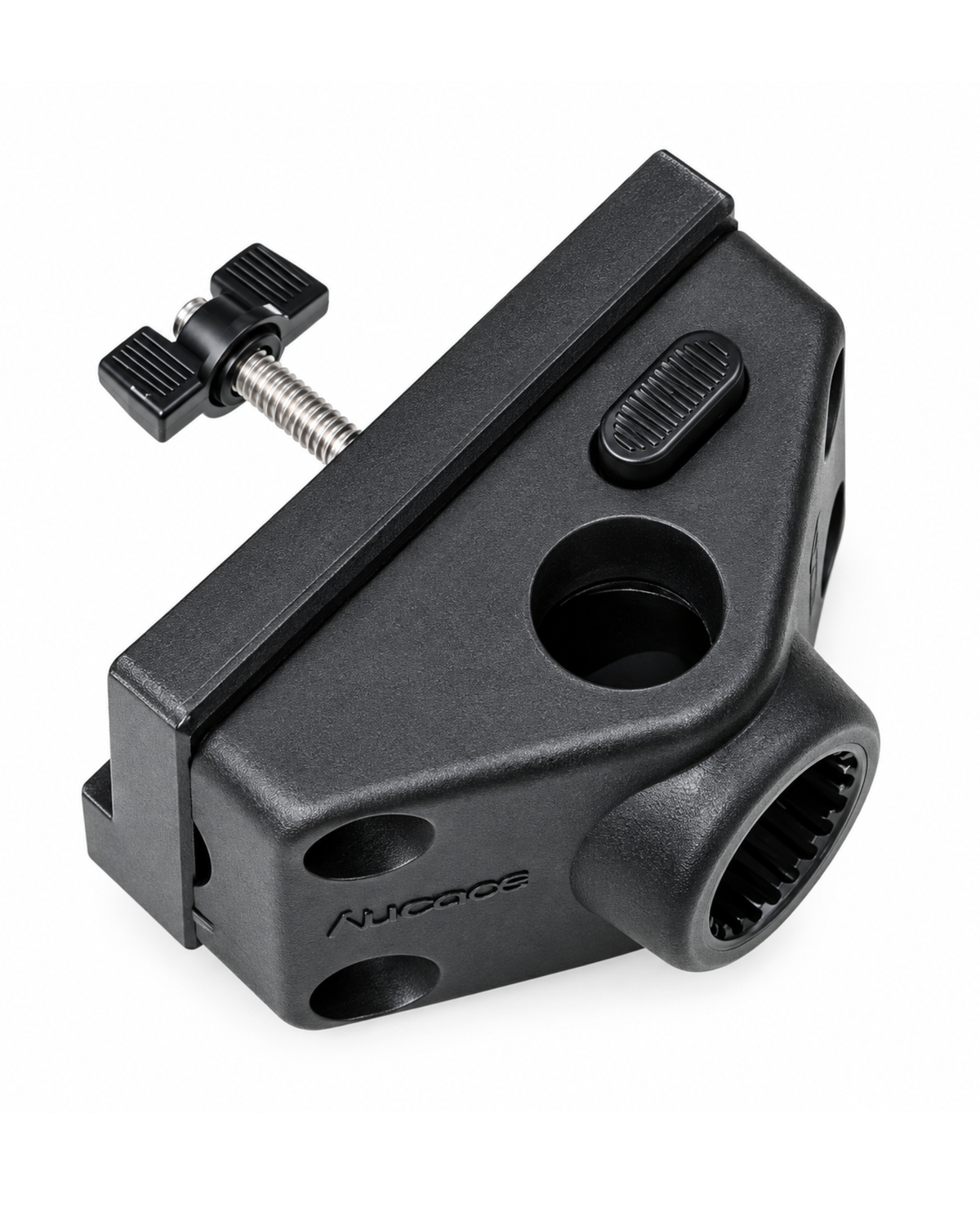 A black  quick-release clamp mount with a wing nut, shown on a clean white background.