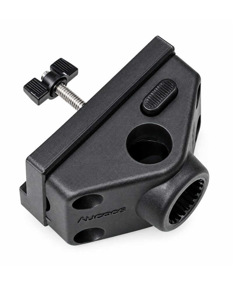 A black  quick-release clamp mount with a wing nut, shown on a clean white background.