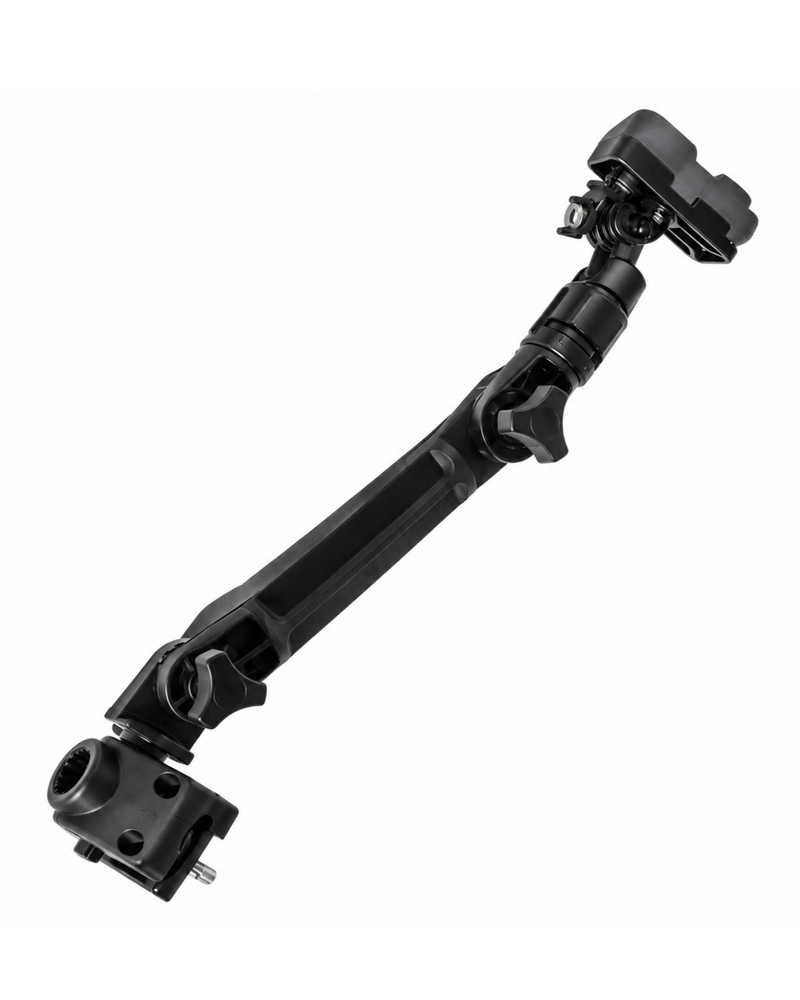 A close-up shot of a black attachment mounted on a stand, with a blurred outdoor rocky background and a blue and white surfboard visible at the bottom.
