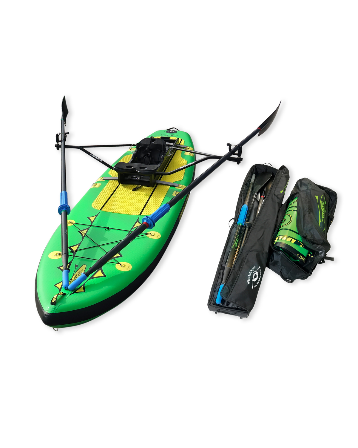 An inflatable stand-up paddle board shown on a white background, alongside its black carrying bag and backpack. The board is primarily green with a yellow center section, black trim, and geometric yellow and black graphics.