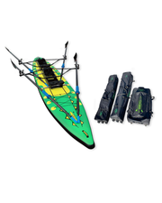 A green and yellow paddleboard with a black seat, paddle, and mounting rack, shown next to three black rolling storage bags on a plain white background.
