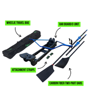 A junior rowing kit laid out on a white background with labeled callouts: a black wheelie travel bag, an oar board unit, attachment straps, two carbon fiber two-part oars, and blue handle components.