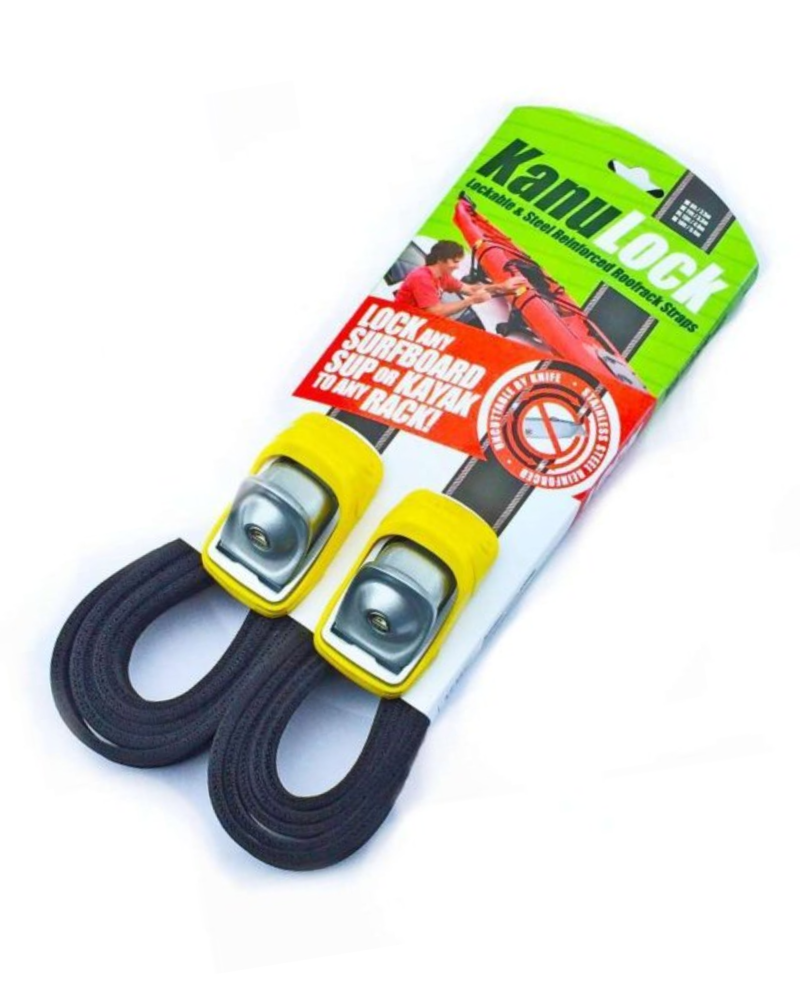 A pair of black rope kayak lock straps with yellow plastic quick-release buckles, attached to a green and white retail card labeled 'Kanu Lock'.