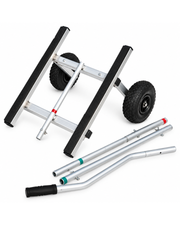 A silver metal cart with two black wheels and black textured handrails, shown with several silver handle bars and black grips on a white background.