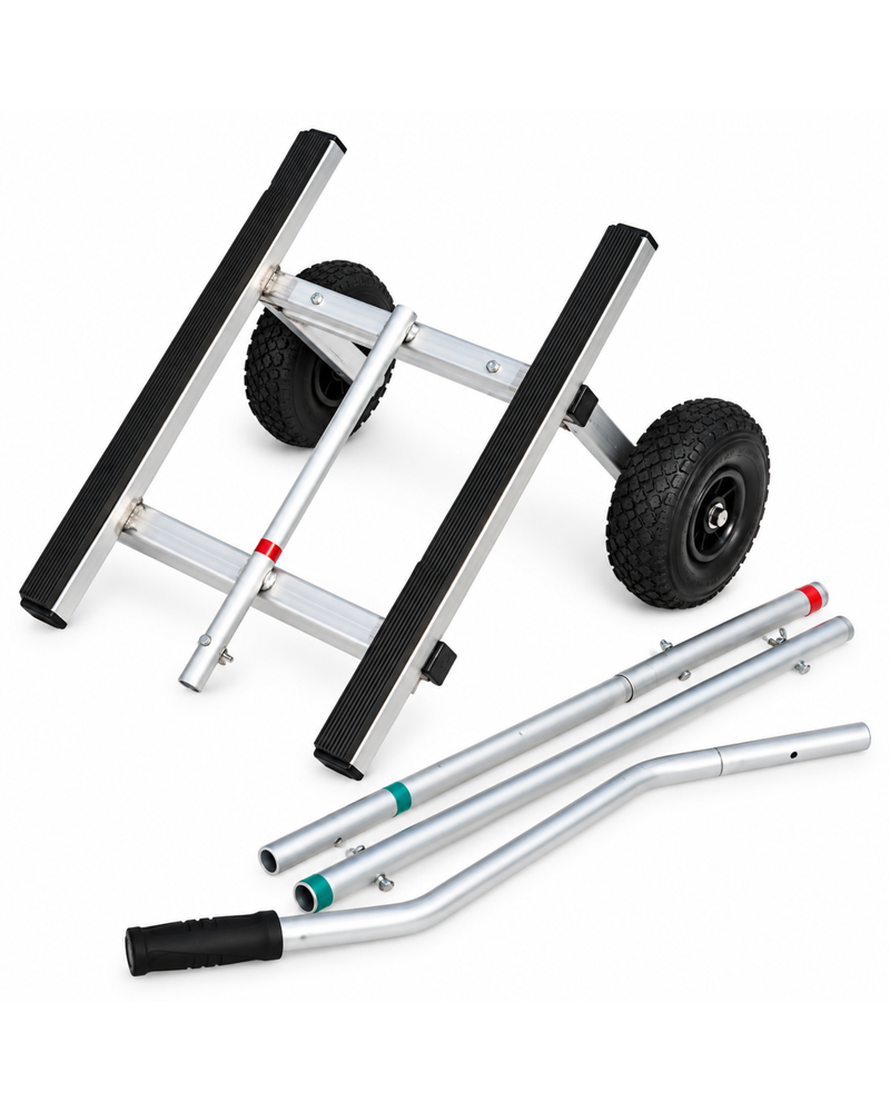A silver metal cart with two black wheels and black textured handrails, shown with several silver handle bars and black grips on a white background.