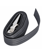 A coiled black webbing strap with a silver metal quick-release buckle, shown on a plain white background.