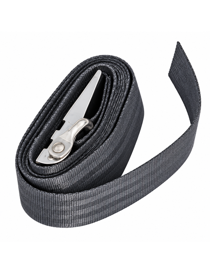 A coiled black webbing strap with a silver metal quick-release buckle, shown on a plain white background.
