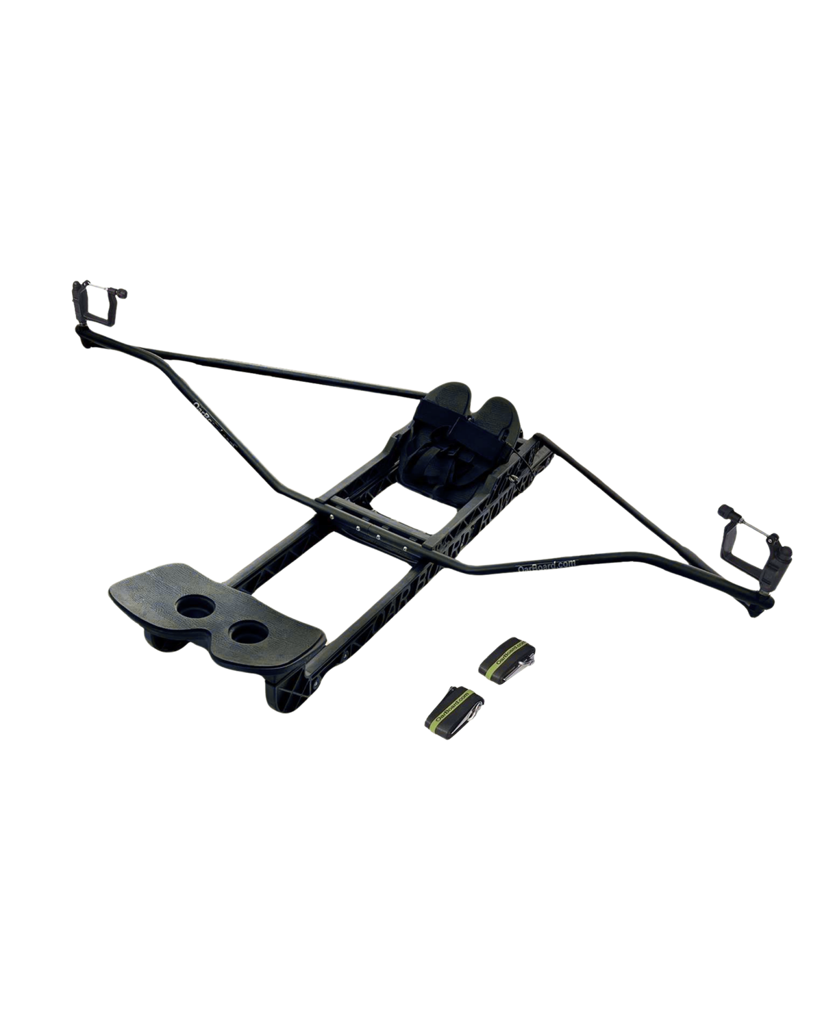 A black paddle board rowing attachment assembly with two small matching black components placed below it, shown on a plain white background.
