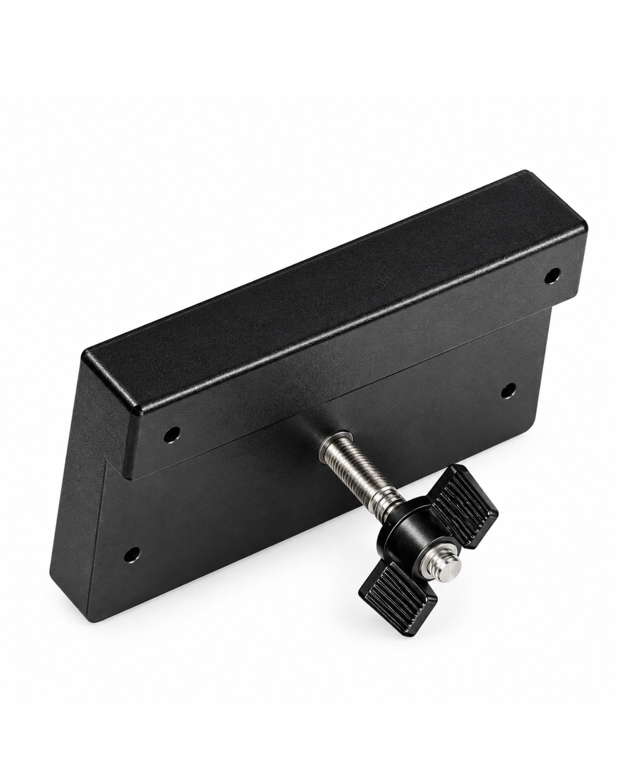 A black metal mounting bracket with a threaded bolt and a black wing nut, shown on a clean white background.