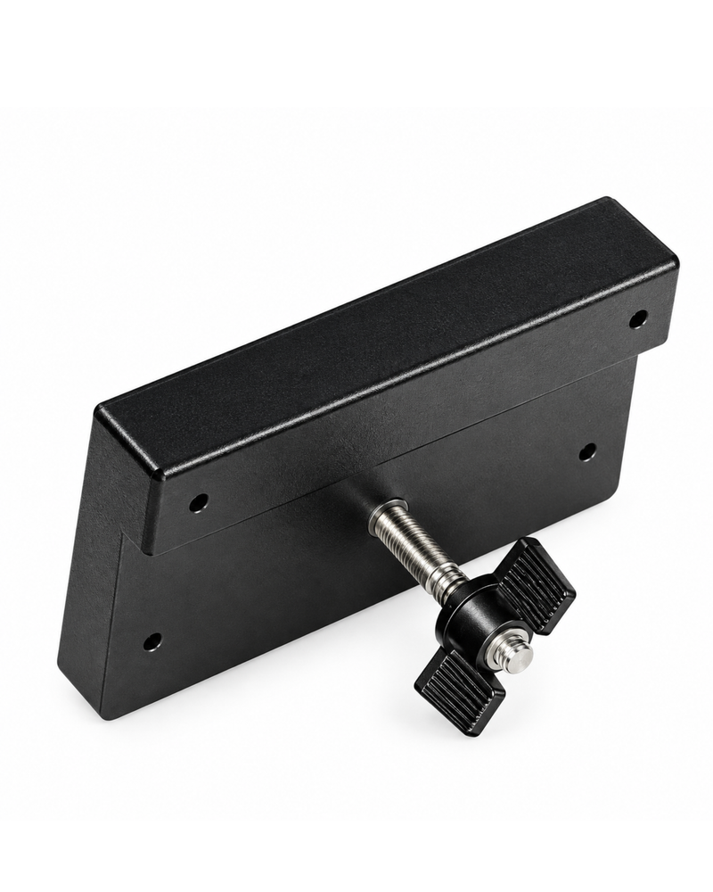 A black metal mounting bracket with a threaded bolt and a black wing nut, shown on a clean white background.