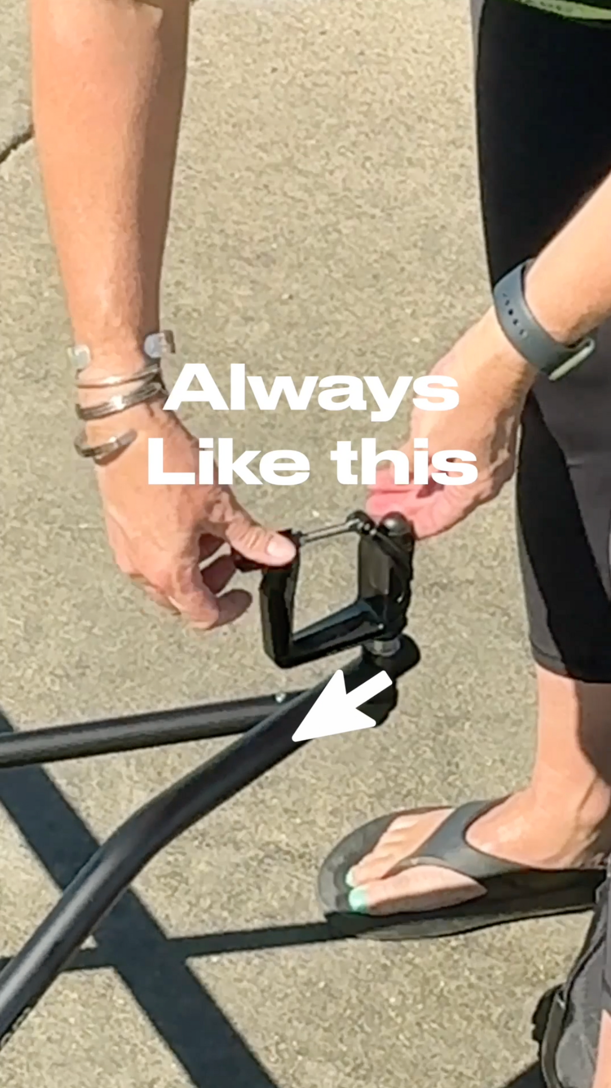 A close-up outdoor shot shows a person's hands adjusting a black oar lock attached to a black frame, with a white arrow and the text 'Always Like this' overlaid on the image.
