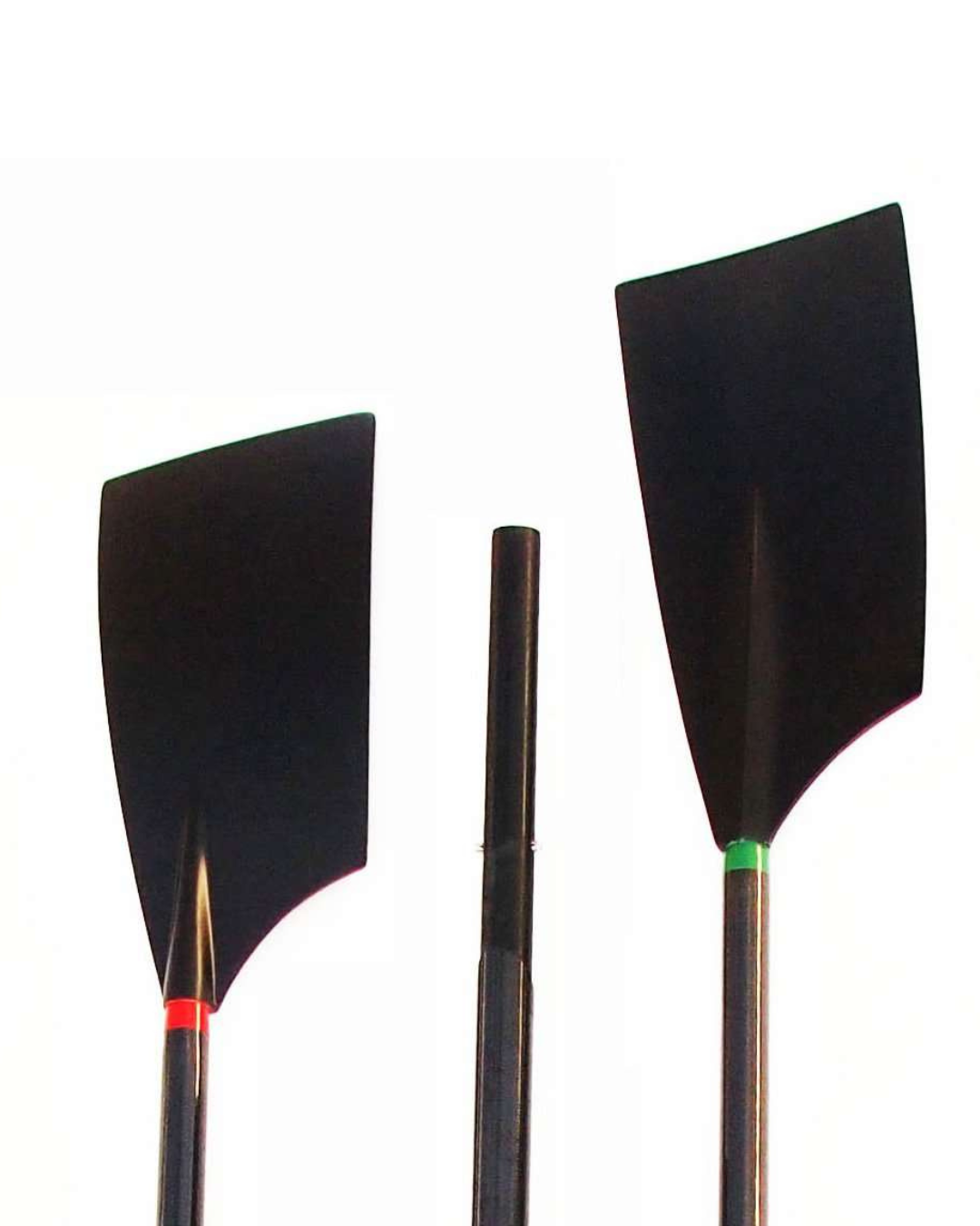 Three black oar blades and shafts shown upright against a plain white background, with one blade featuring a red band and the other featuring a green band near the base.