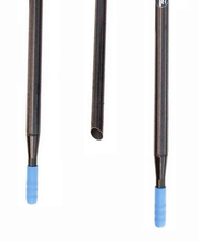 Three views of a black oar pole with light blue textured foam tips on a white background.