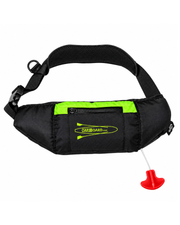 A black waist pfd lifebelt with a bright neon green zipper and a yellow 'OARBOARD' logo on the front pocket. The bag is shown with its black adjustable mesh strap and a red-and-white float attached, set against a plain white background.