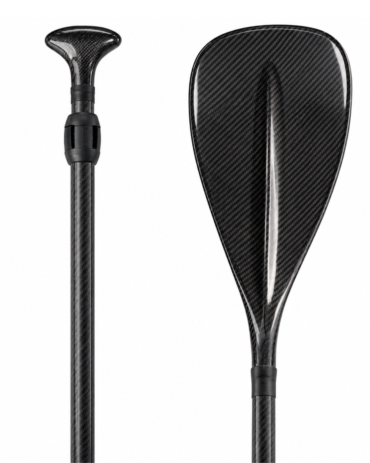 A close-up studio shot of a carbon fiber paddle showing the blade and upper shaft against a solid white background.