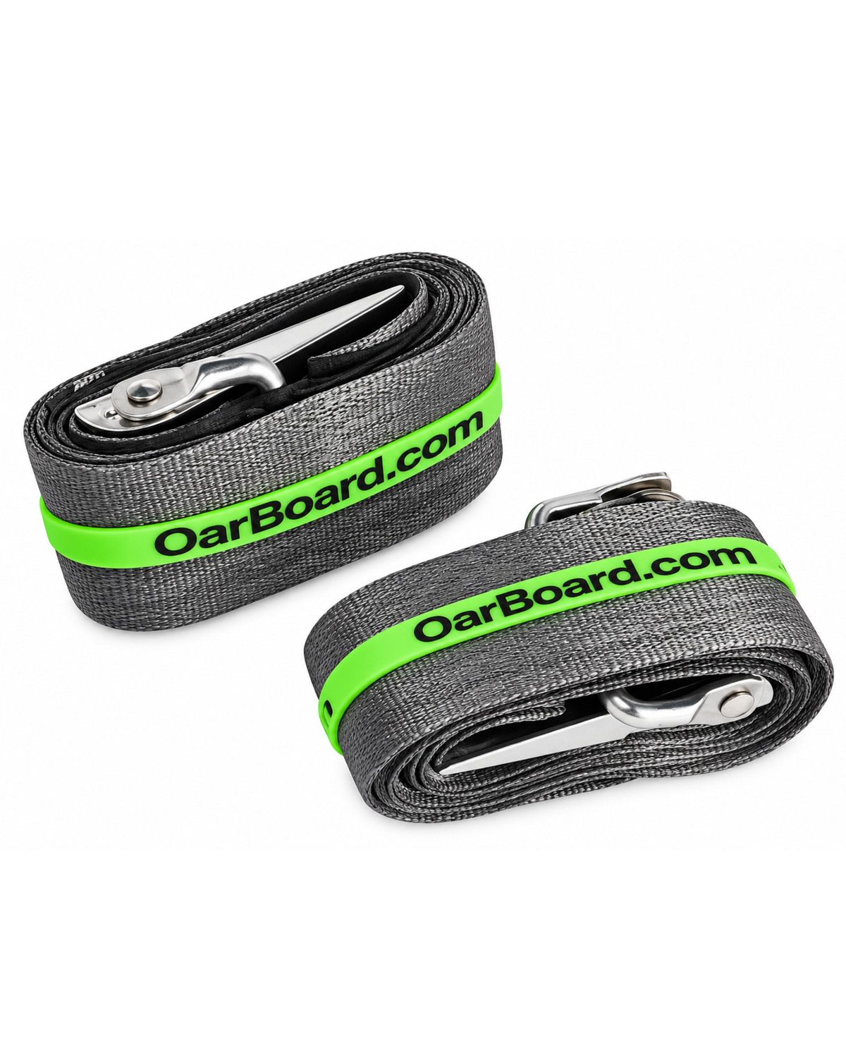 Two gray woven strap-like accessories with bright neon green bands printed with 'OarBoard.com' and silver metal clips, shown on a plain white background.