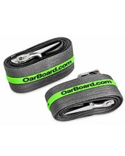 Two gray woven strap-like accessories with bright neon green bands printed with 'OarBoard.com' and silver metal clips, shown on a plain white background.