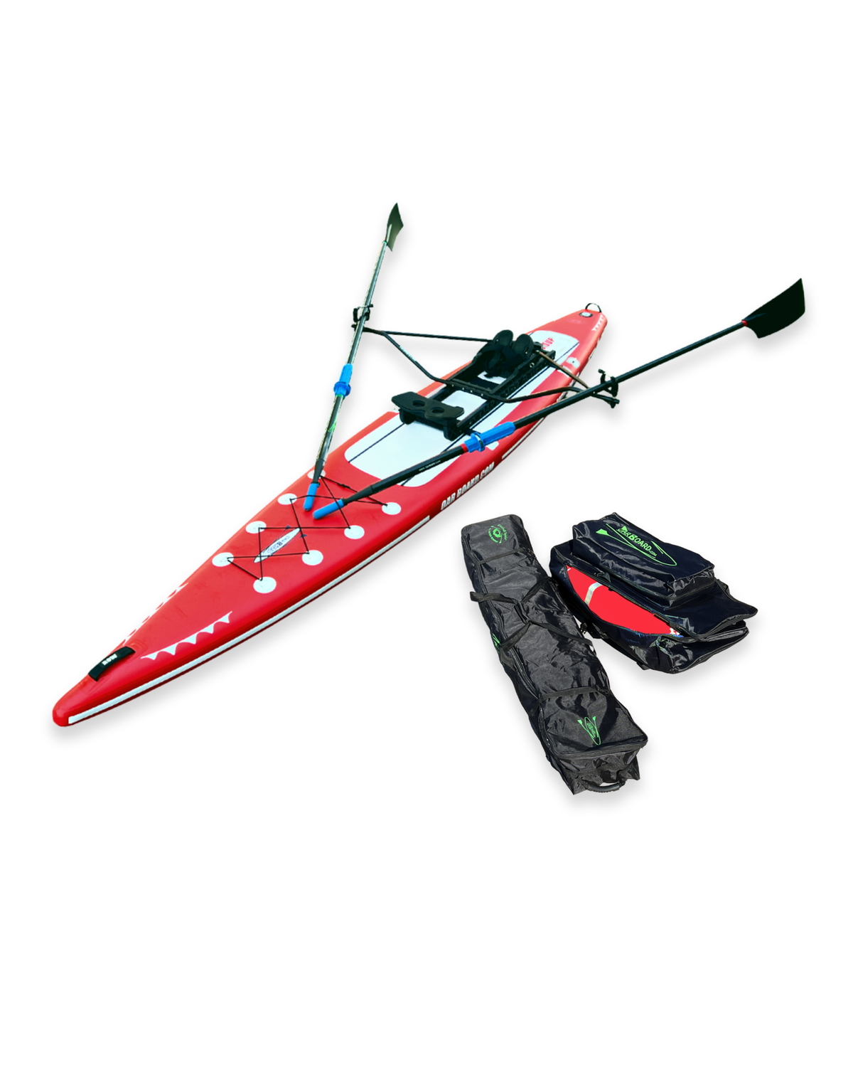 A red sit-on-top paddle board shown on a white background with its black carrying bag and oars. 