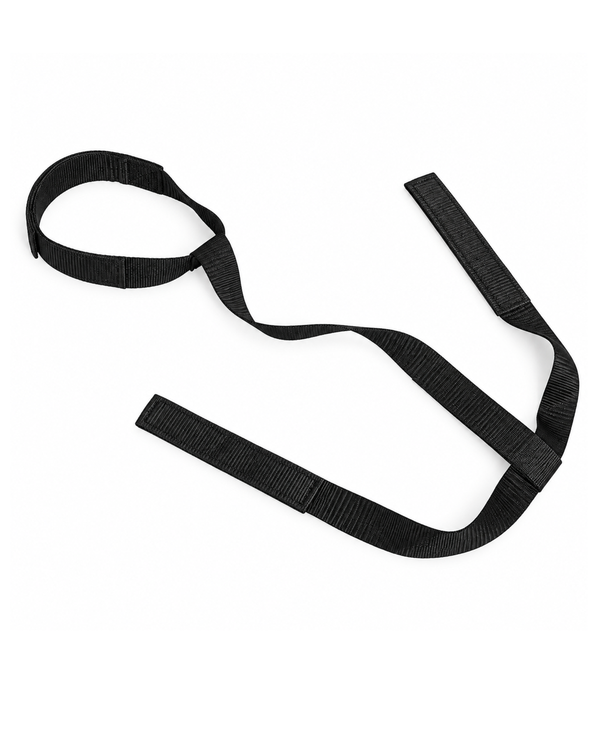 A black adjustable nylon strap with a wide loop on one end and two shorter ends with ribbed texture, laid out on a plain white background.