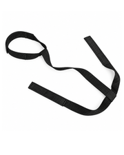 A black adjustable nylon strap with a wide loop on one end and two shorter ends with ribbed texture, laid out on a plain white background.