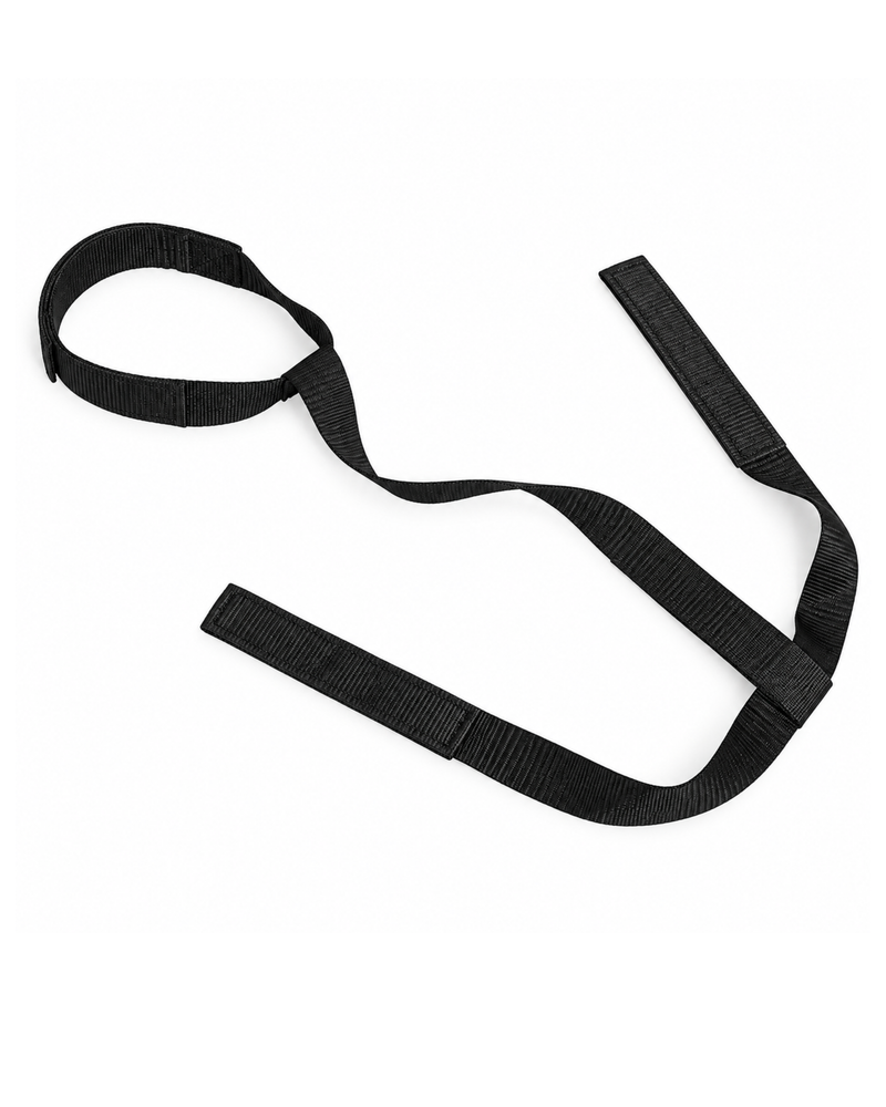 A black adjustable nylon strap with a wide loop on one end and two shorter ends with ribbed texture, laid out on a plain white background.