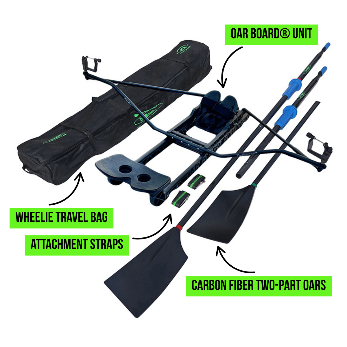 Rowing set laid out on a white background with labeled callouts: a black oar board unit, black attachment straps, two black carbon fiber two-part oars, a black wheelie travel bag, and a black carrying case. The image is a clean product assembly-style layout rather than a lifestyle scene.