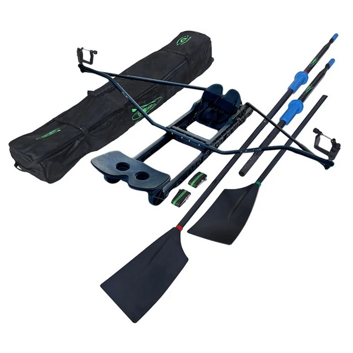 A rowing set on a white background, including a black carrying bag with green branding, a black rowing cradle, two black oars with blue and green accents, and two small green-and-black accessories.