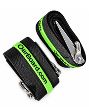 Two black woven straps with bright green trim and silver metal buckles, printed with the brand name 'OarBoard.com', on a white background.