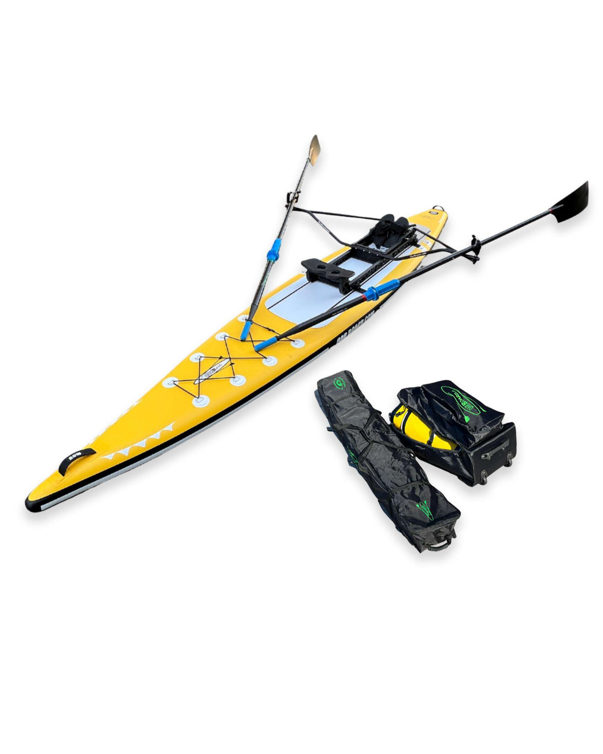 A yellow sit-on-top paddle board shown on a white background with its black carrying bag and oars. 