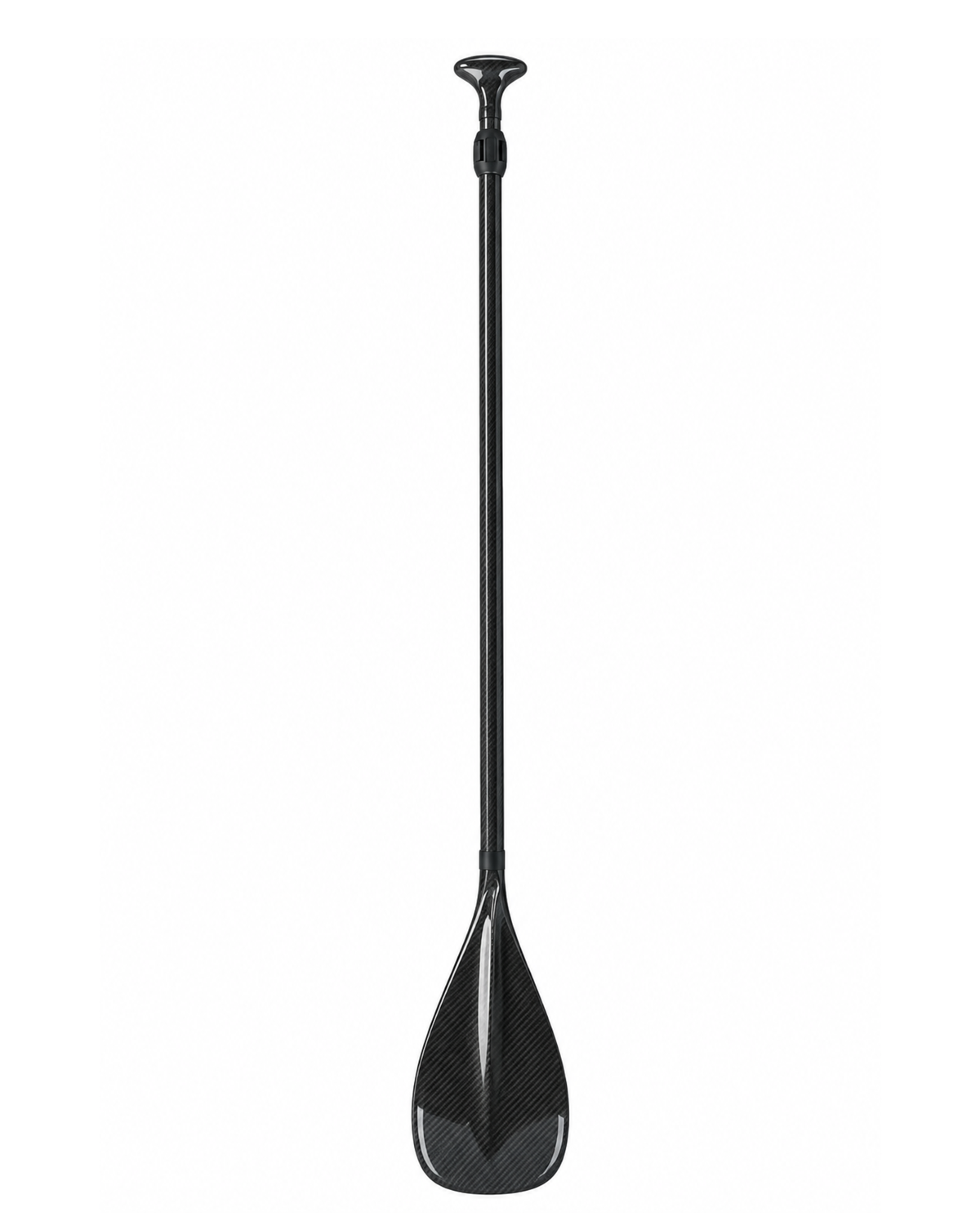 A single black paddle with a long shaft and a paddle blade featuring a subtle carbon fiber weave pattern, shown vertically against a solid white background.