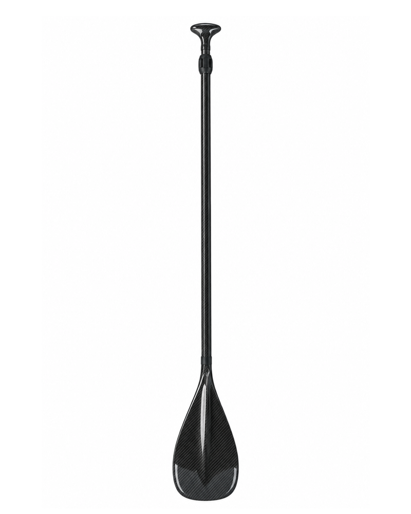 A single black paddle with a long shaft and a paddle blade featuring a subtle carbon fiber weave pattern, shown vertically against a solid white background.