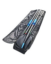 A pair of two-part carbon fibre oars displayed inside an open black zippered carrying case on a white background.